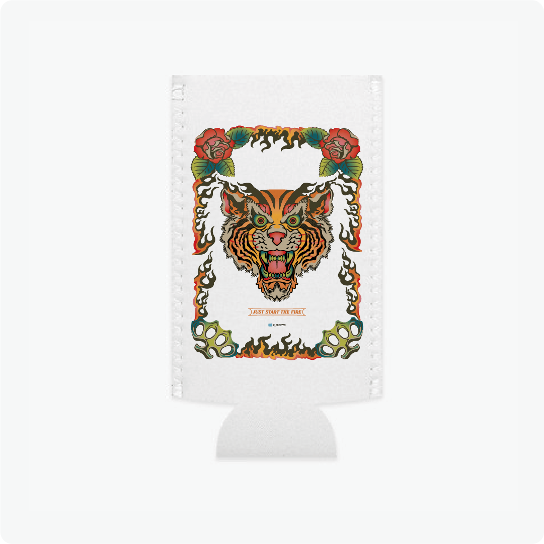 Slim Can coozie with a tiger design on a white background