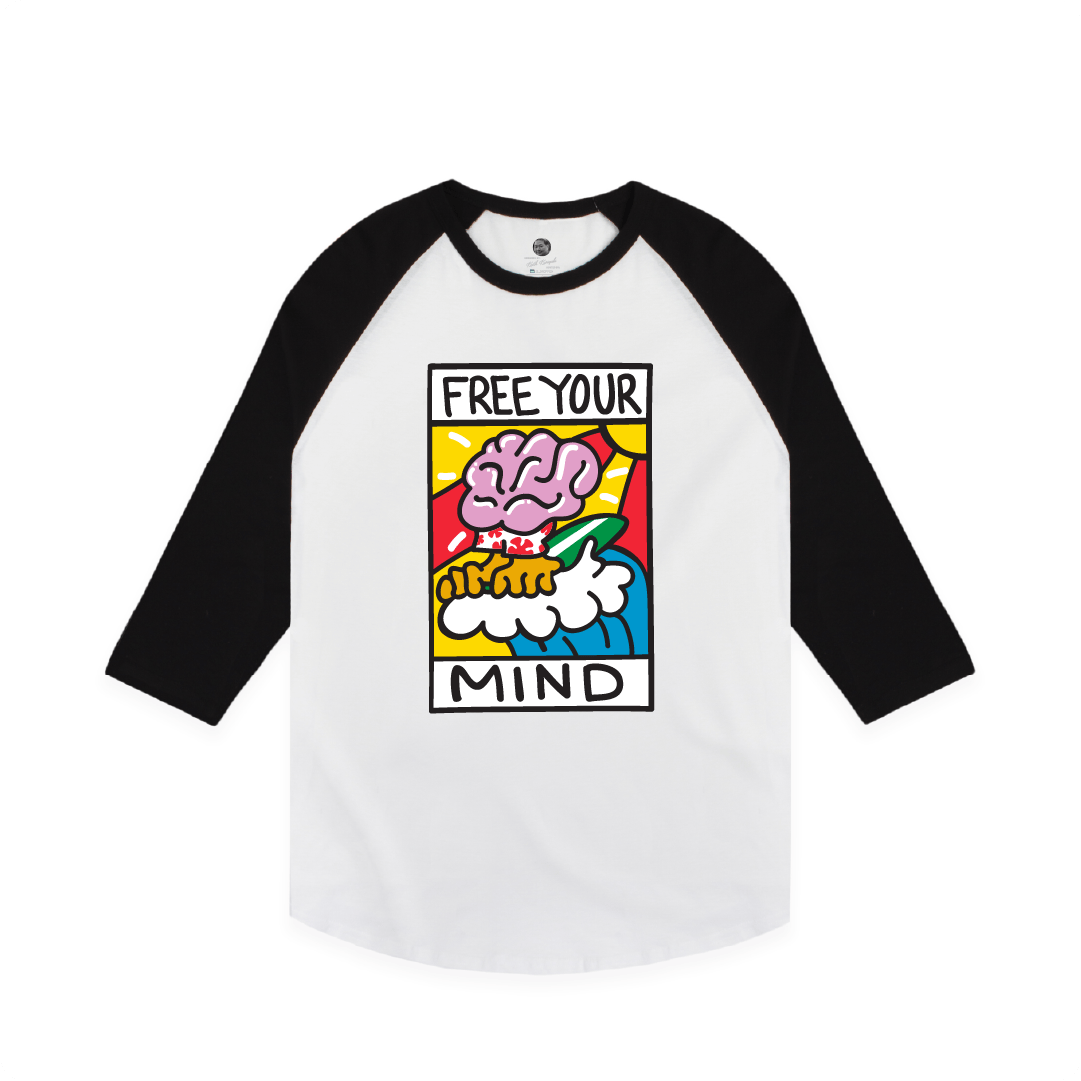 Z_DROPPED - Mens, Unisex - White / Black - Free Your Mind Raglan. - By: Keith Kuniyuki