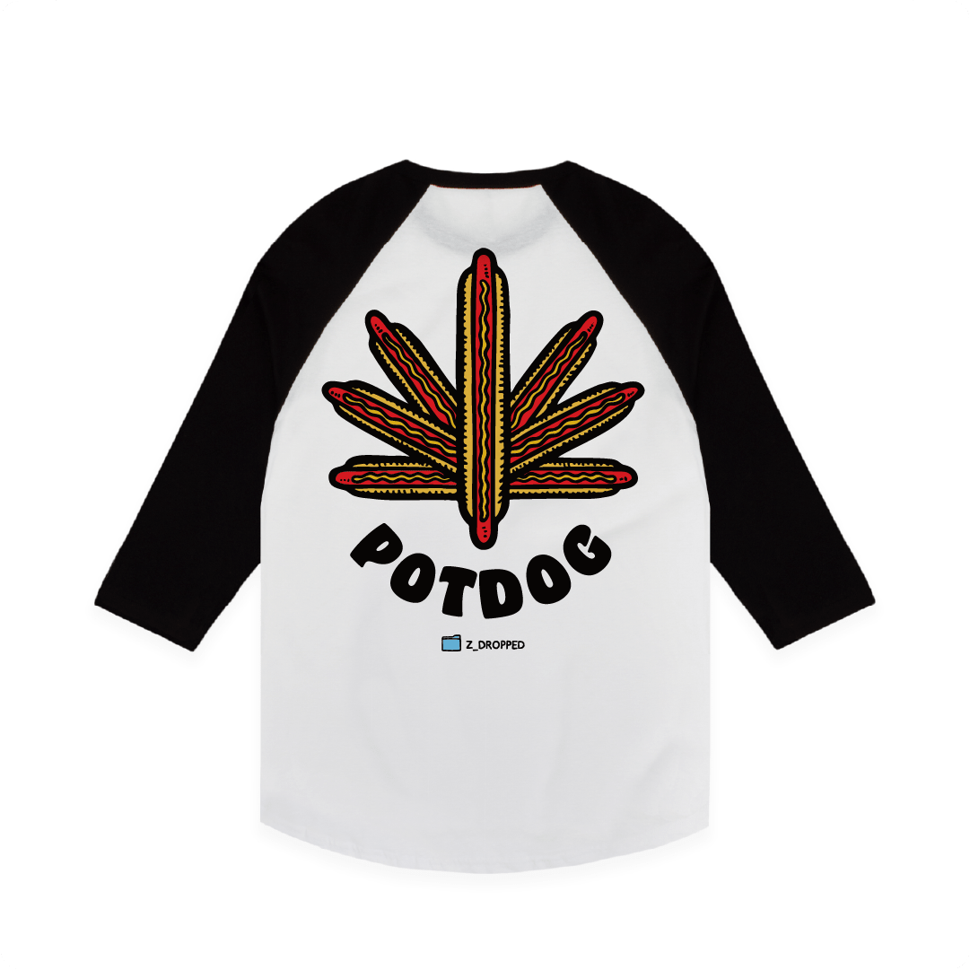 White Rear view of a Unisex Raglan graphic design featuring five hot dogs arranged in the shape of a cannabis leaf with bold text reading “POTDOG” on the front, on a white background.
