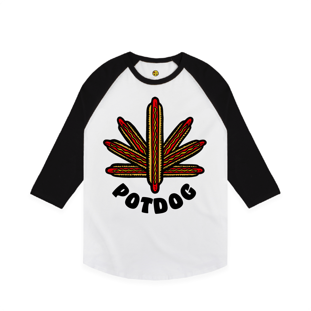 White Front view of a Unisex Raglan graphic design featuring five hot dogs arranged in the shape of a cannabis leaf with bold text reading “POTDOG” on the front, on a white background.
