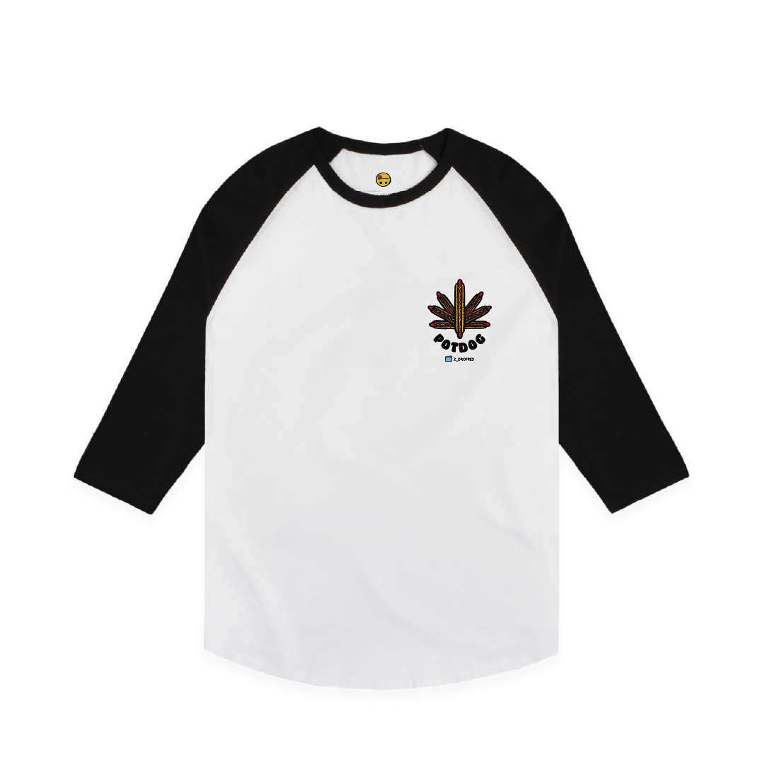 White Front view of a Unisex Raglan graphic design featuring five hot dogs arranged in the shape of a cannabis leaf with bold text reading “POTDOG” on the front, on a white background.