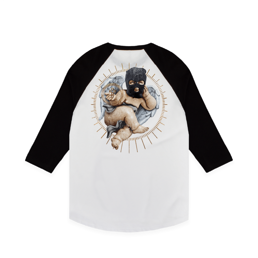 Z_DROPPED - Mens, Unisex, Women - White / Black - Blessed Raglan. - By: Mark Dayap