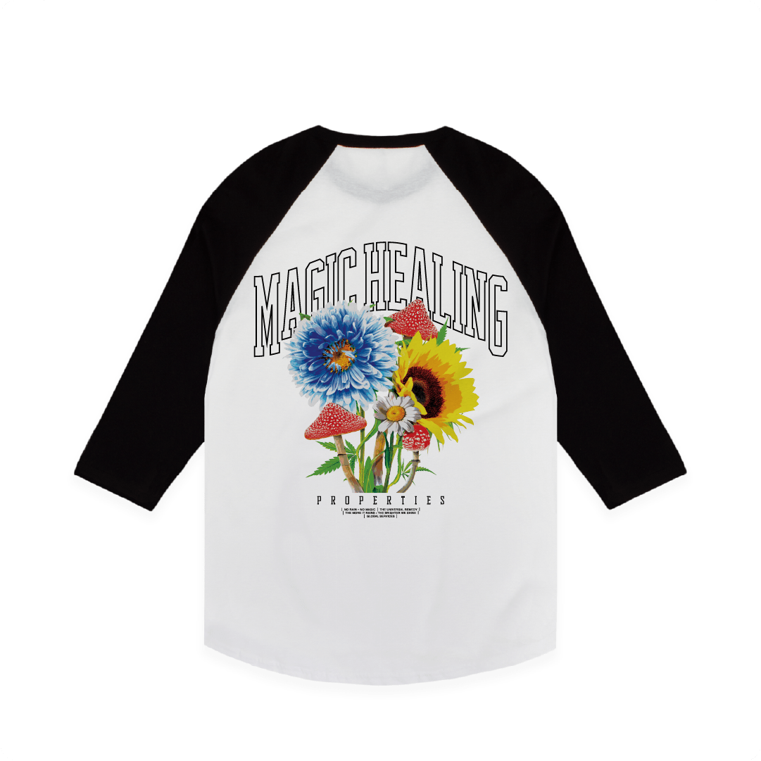 Z_DROPPED - Mens, Unisex, Women - White / Black - Magic Healing Raglan. - By: Mark Dayap