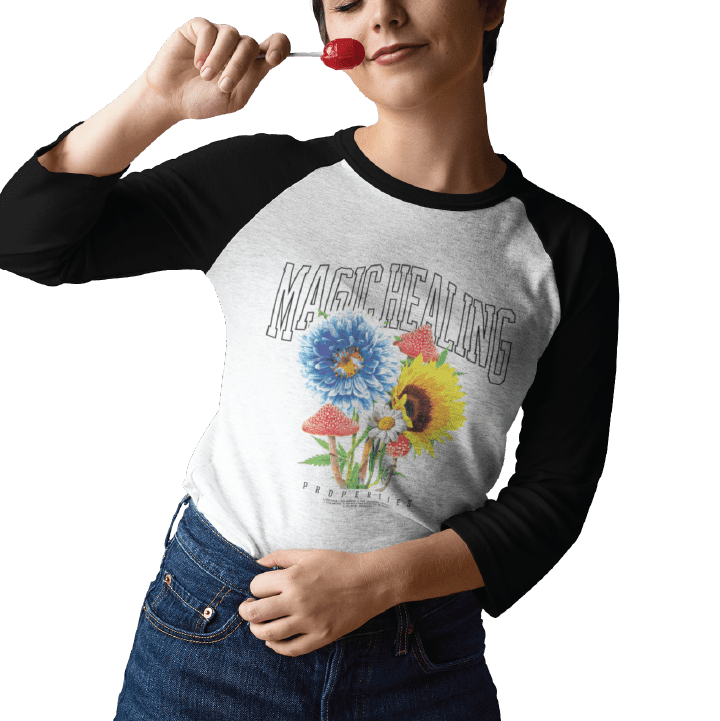 Z_DROPPED - Mens, Unisex, Women - White / Black - Magic Healing Raglan. - By: Mark Dayap