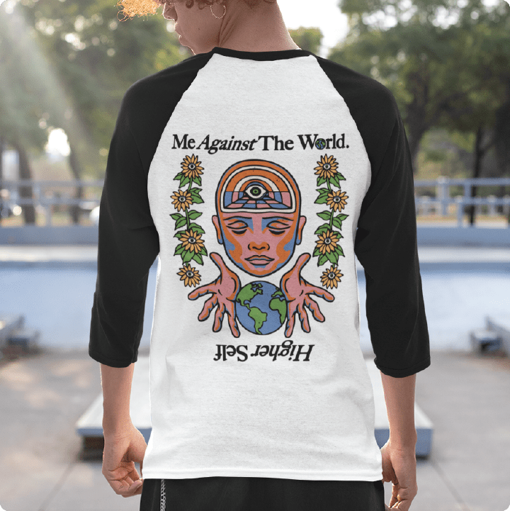 Rear view of the back of a Person wearing a black and white baseball shirt with a graphic design and text.