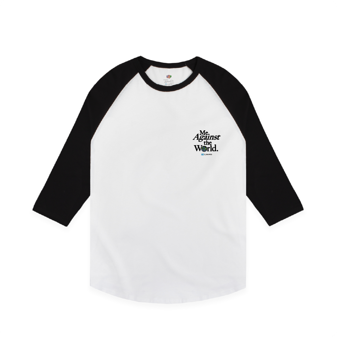 Front view of a unisex Black and white baseball shirt with Me Against The World text on a white background