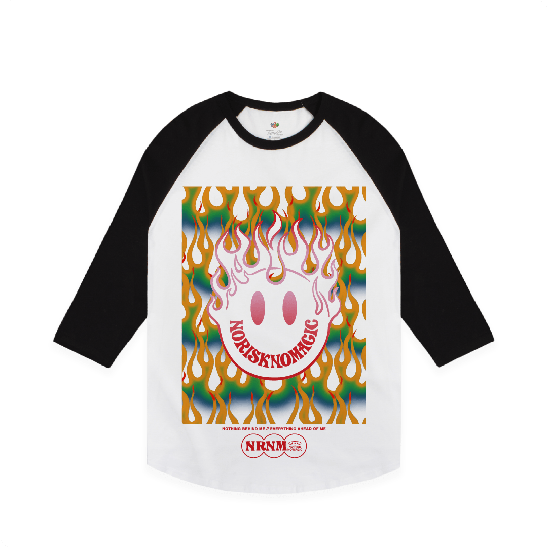 Baseball shirt with colorful flames and smiley face design and text on a white background