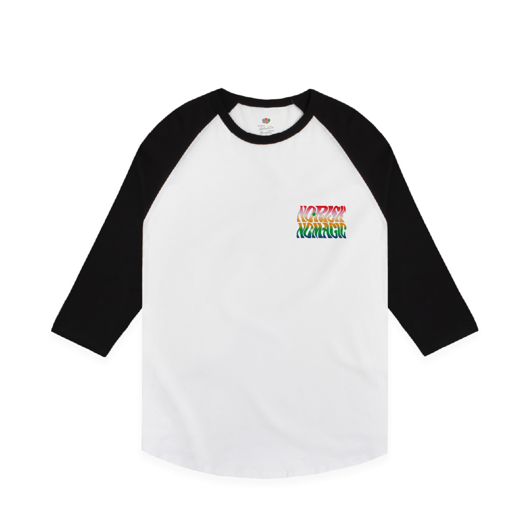 White baseball shirt with black sleeves featuring colorful no risk no magic text on a white background