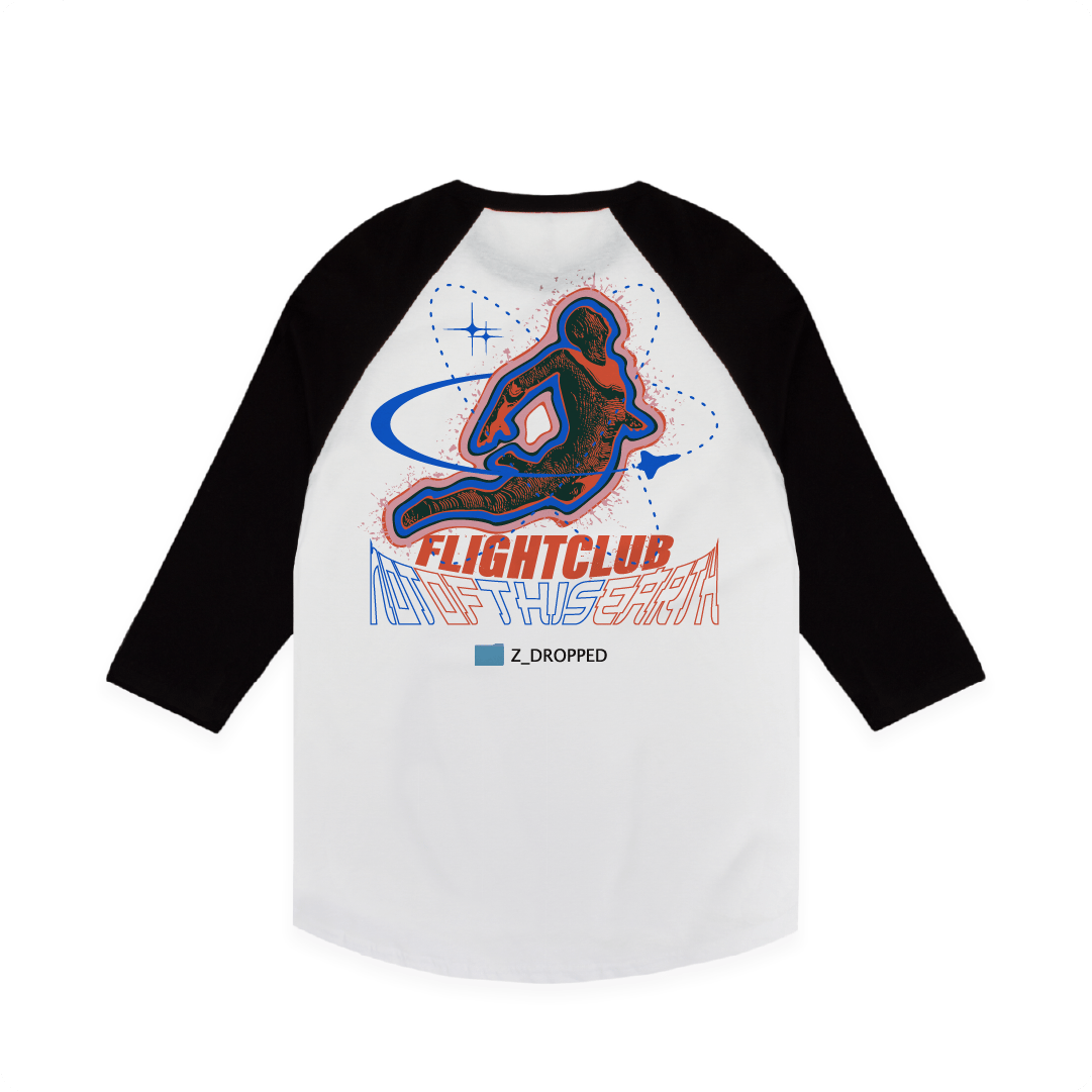 Rear view of a Black and white baseball shirt with 'Flightclub' graphic design on a white background