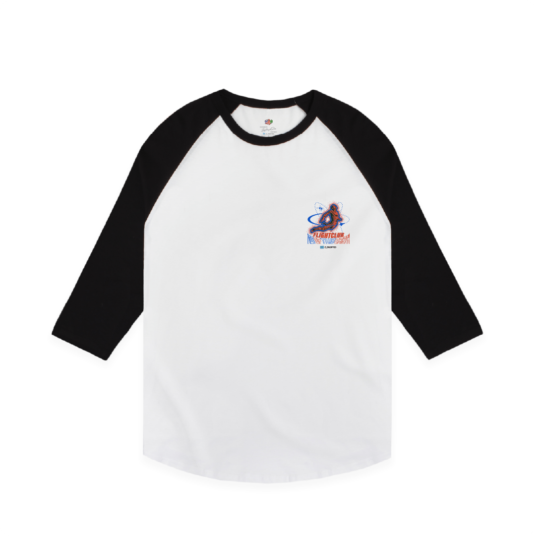 White baseball shirt with black sleeves featuring a logo on a white background