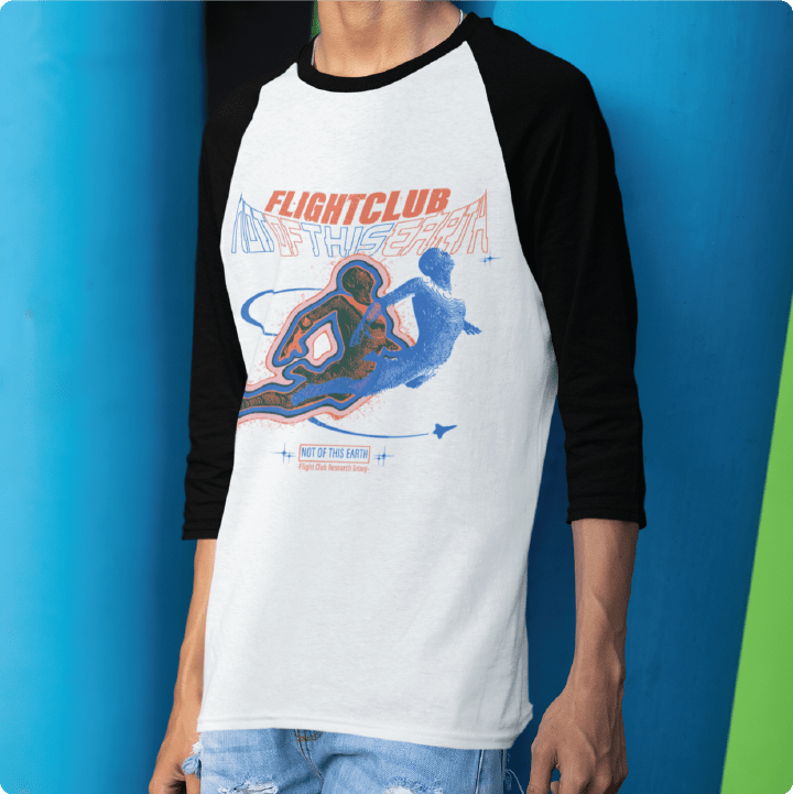 Person wearing a black and white baseball shirt with 'Flight Club' graphic design against a blue background