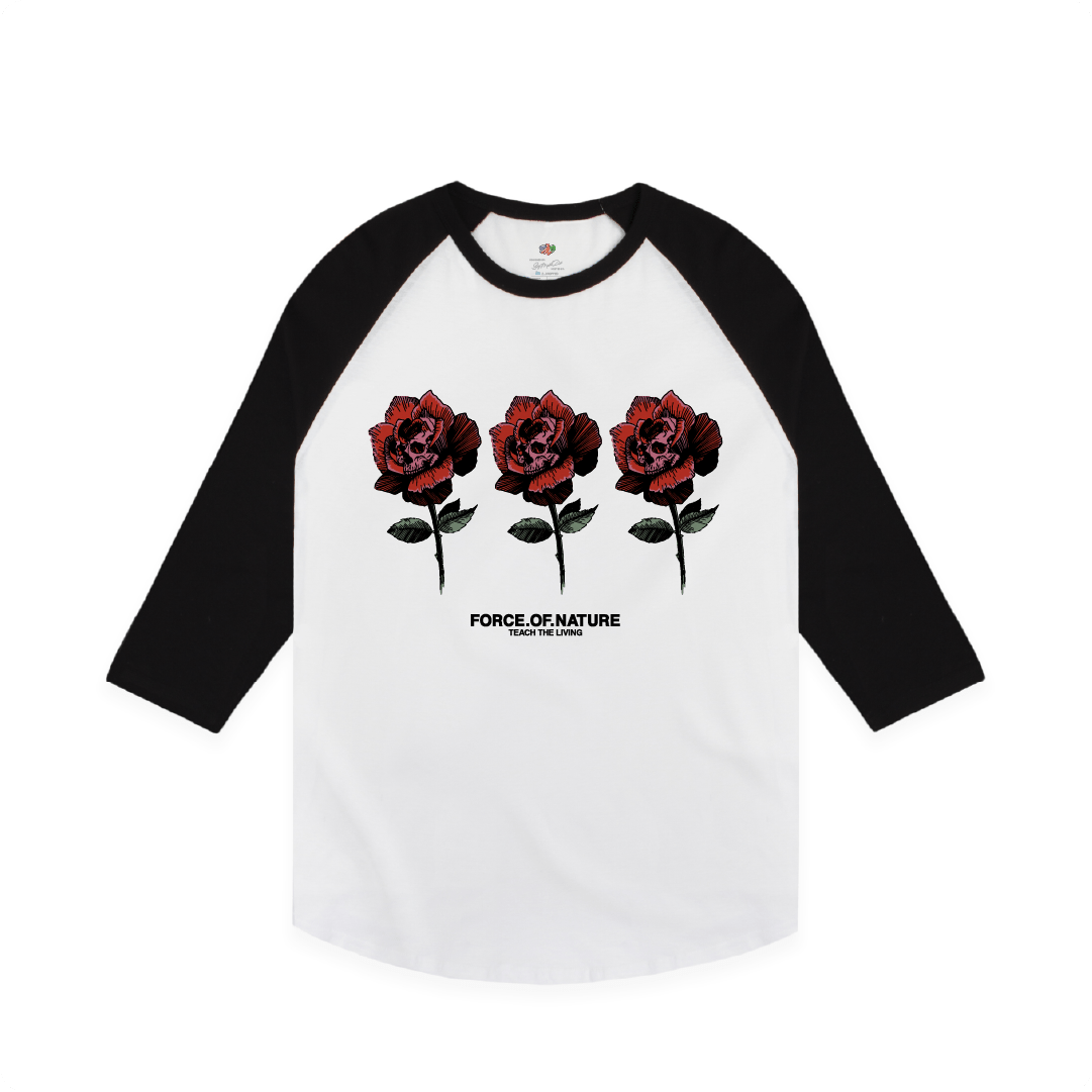 Z_DROPPED - Mens, Unisex, Women - White / Black - Teach The Living Raglan. - By: Mark Dayap
