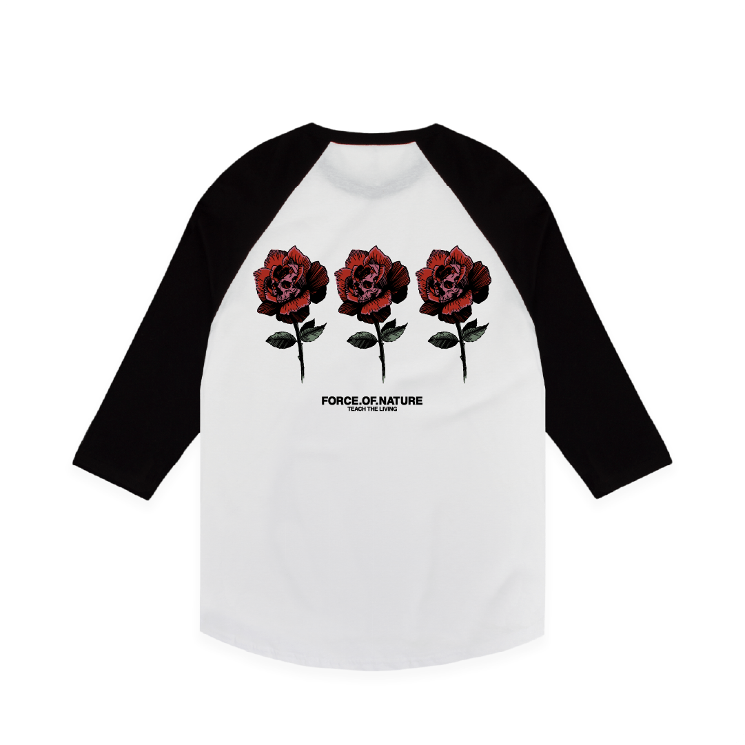 Baseball shirt with red roses and 'Force of Nature' text on a white background