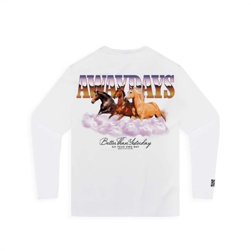 Rear view of a white long sleeved shirt featuring chrome 'AWAYDAYS' text, three horses running on a cloud and gold 'Better than yesterday' text.