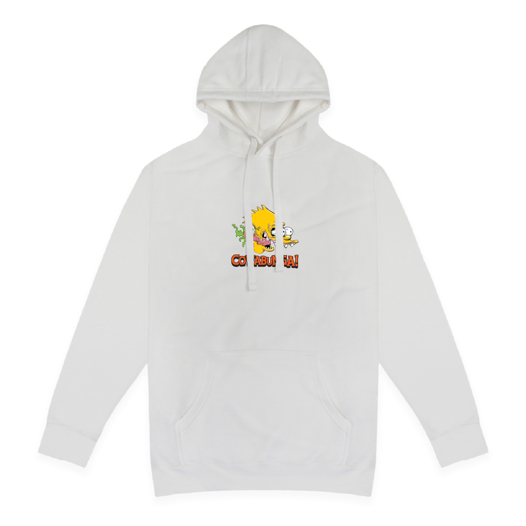Front view of a white hoodie with screaming Bart Simpson in an Ed Roth style on a white background