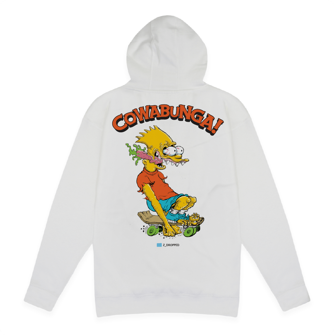 Rear view of a white hoodie with a screaming Bart Simpson on a skateboard with'Cowabunga!' text on a white background