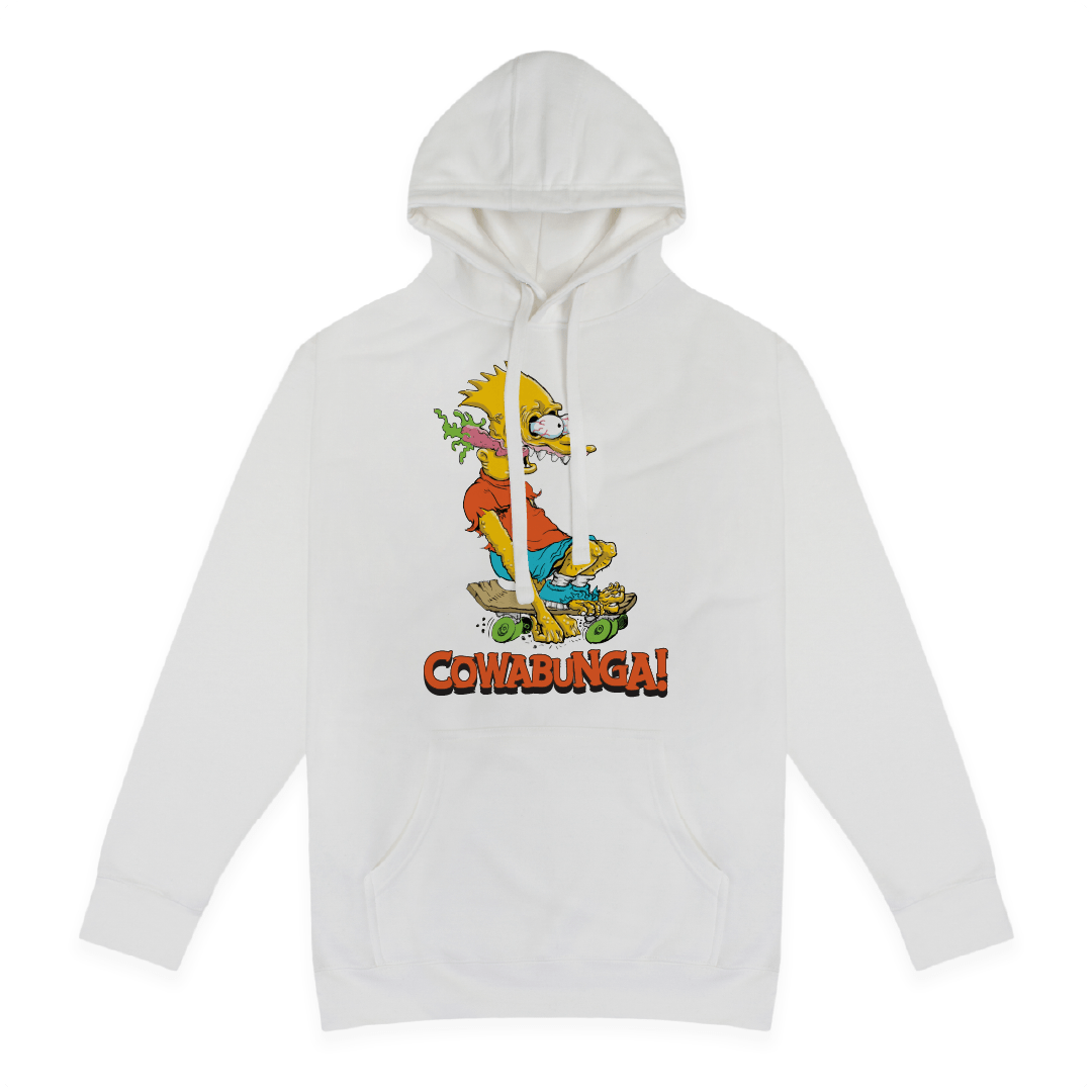 Front view of a white hoodie with a screaming Bart Simpson on a skateboard with'Cowabunga!' text on a white background