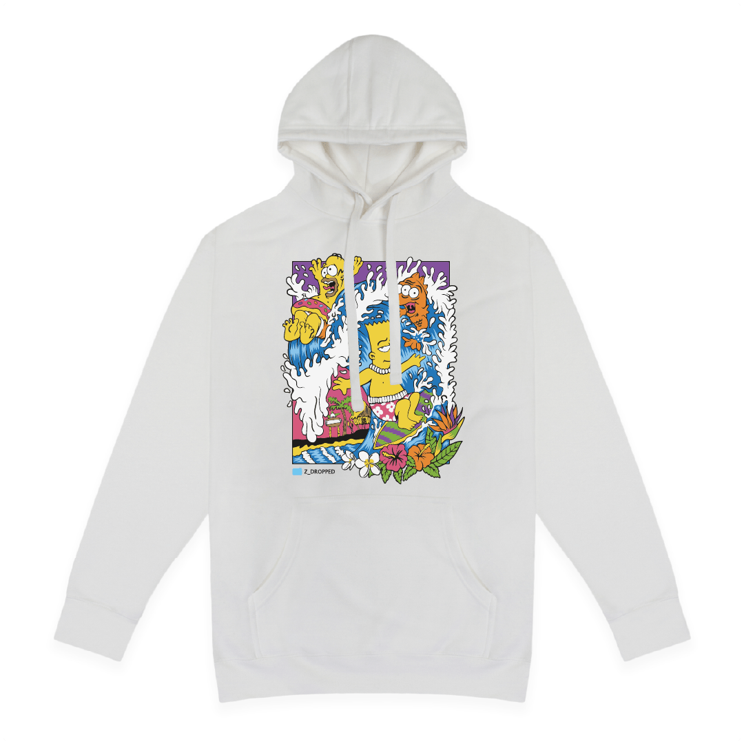 Front view of a white hoodie with Bart and Homer Simpson surfing a wave on a white background