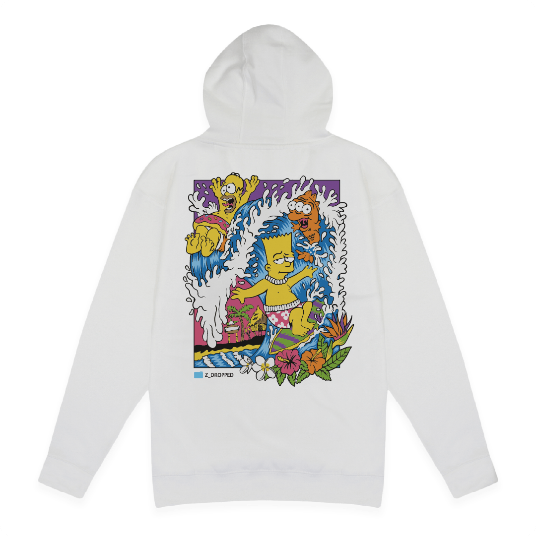 Rear view of a white hoodie with Bart and Homer Simpson surfing a wave on a white background