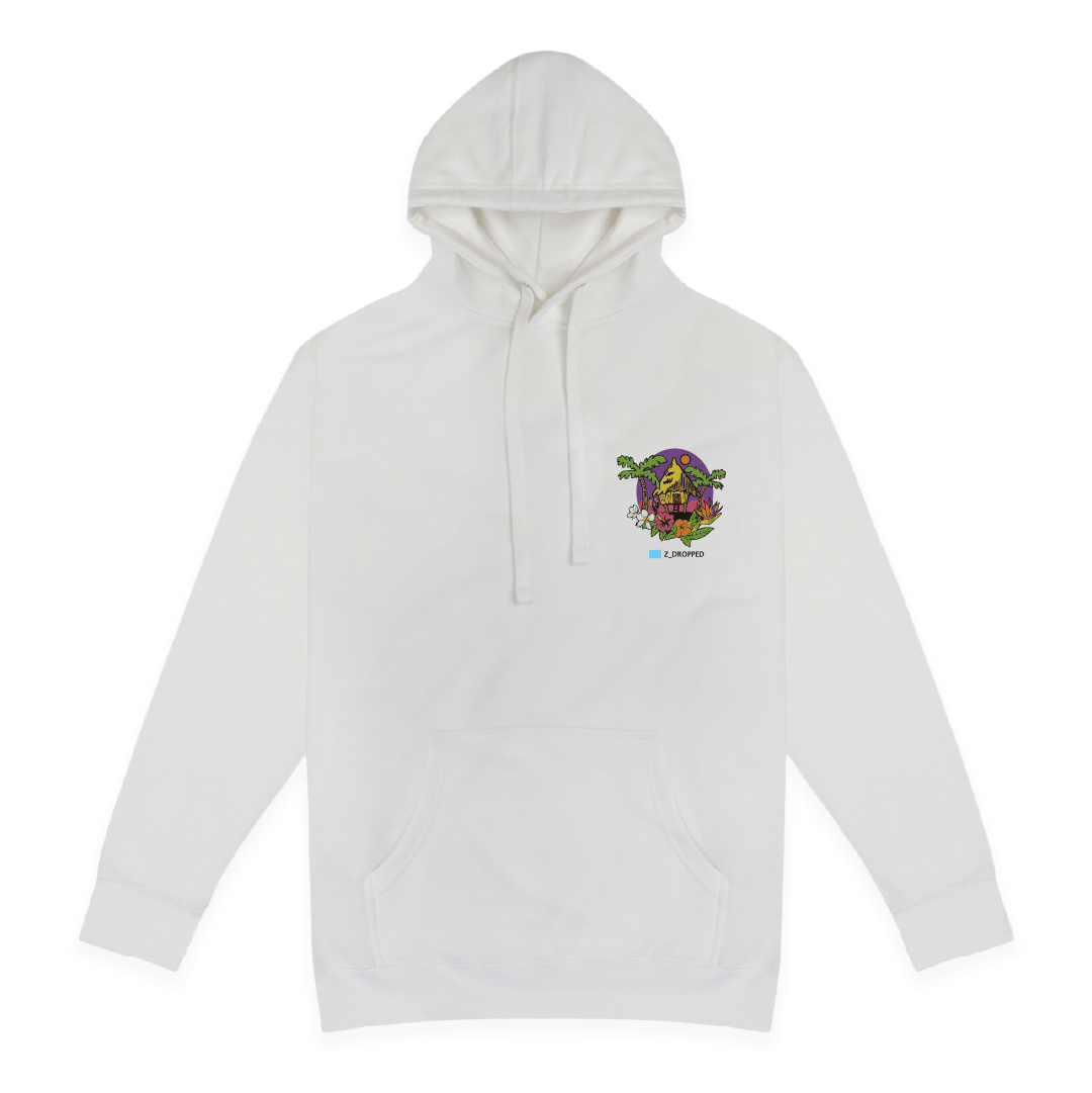 Front view of a white hoodie with tropical hut on the front chest on a white background
