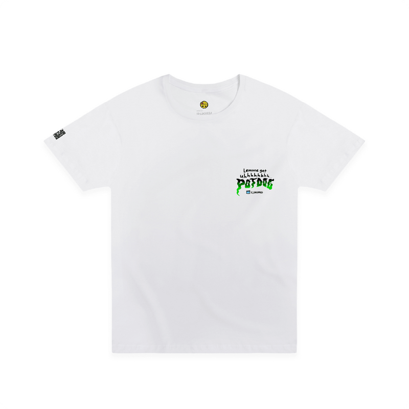 White front view of a unisex tee graphic design showcasing a bold text reading “Lemme get uhhhhhh… POTDOG” on the front, on a white  background.