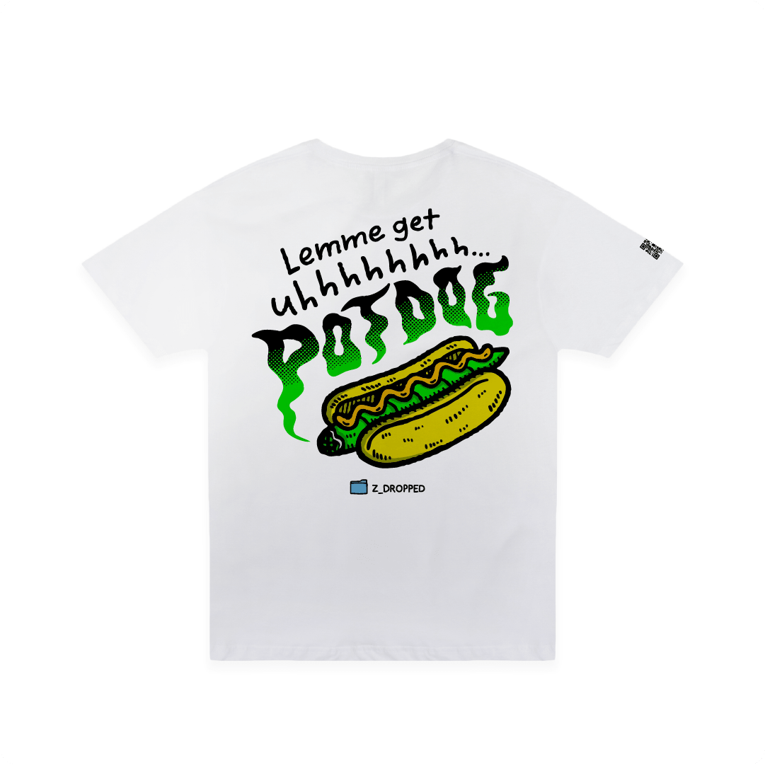 White rear view of a unisex tee graphic design showcasing a single hot dog with green smoke accents and bold text reading “Lemme get uhhhhhh… POTDOG” on the front, on a white  background.