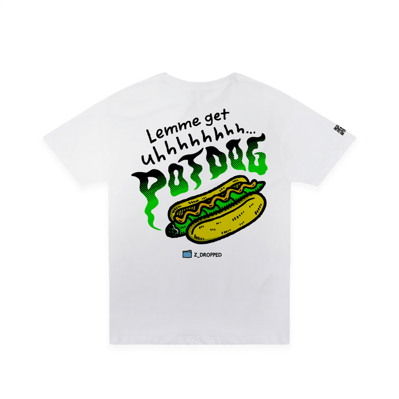 White rear view of a unisex tee graphic design showcasing a single hot dog with green smoke accents and bold text reading “Lemme get uhhhhhh… POTDOG” on the front, on a white  background.