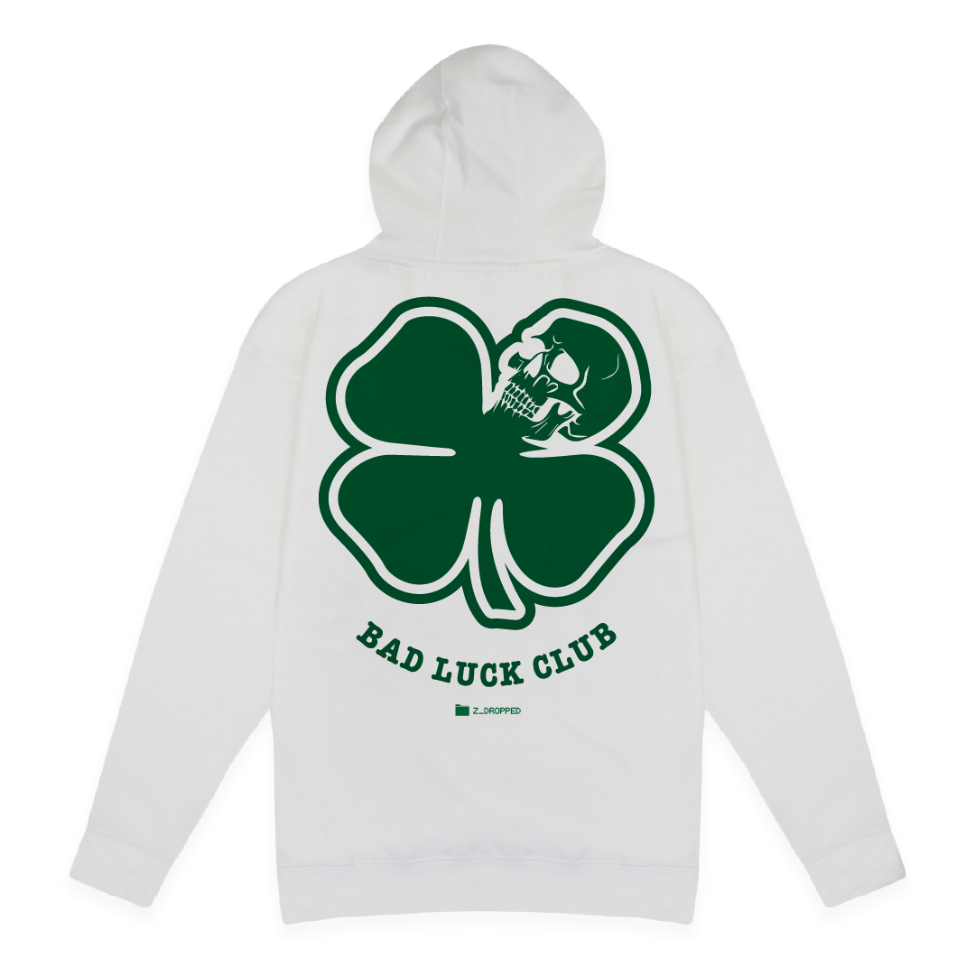 Rear view of a unisex white hoodie with 'Bad Luck Club' design on the back, featuring a green death clover with skull.
