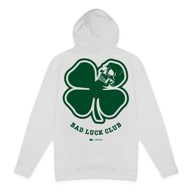 Rear view of a unisex white hoodie with 'Bad Luck Club' design on the back, featuring a green death clover with skull.