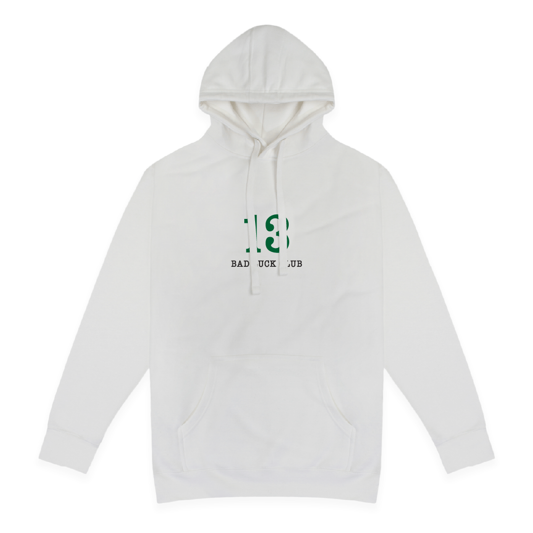 Front view of a unisex white hoodie with 'Bad Luck Club' design featuring a green number 13 centered on the front.