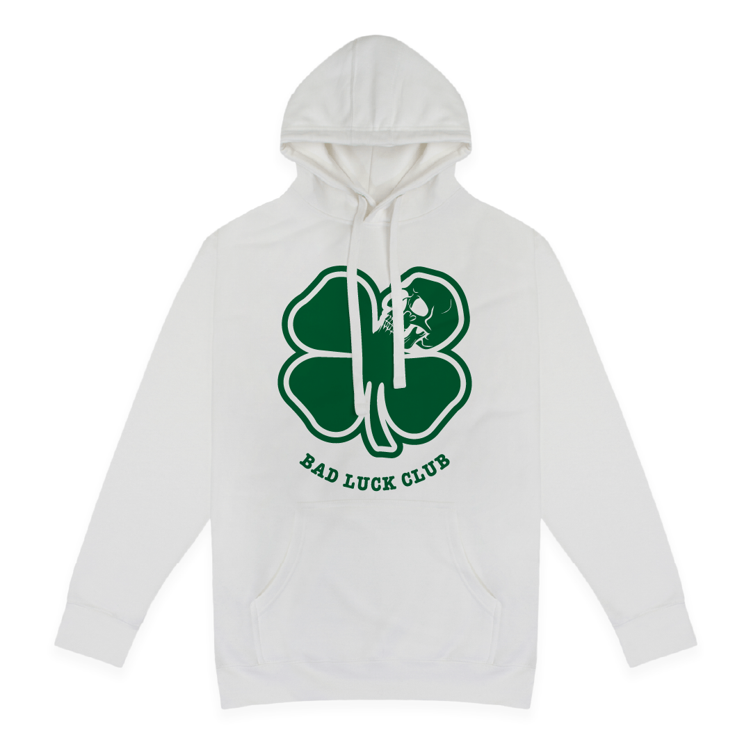 Front view of a unisex black hoodie with 'Bad Luck Club' design on the back, featuring a green death clover with skull.