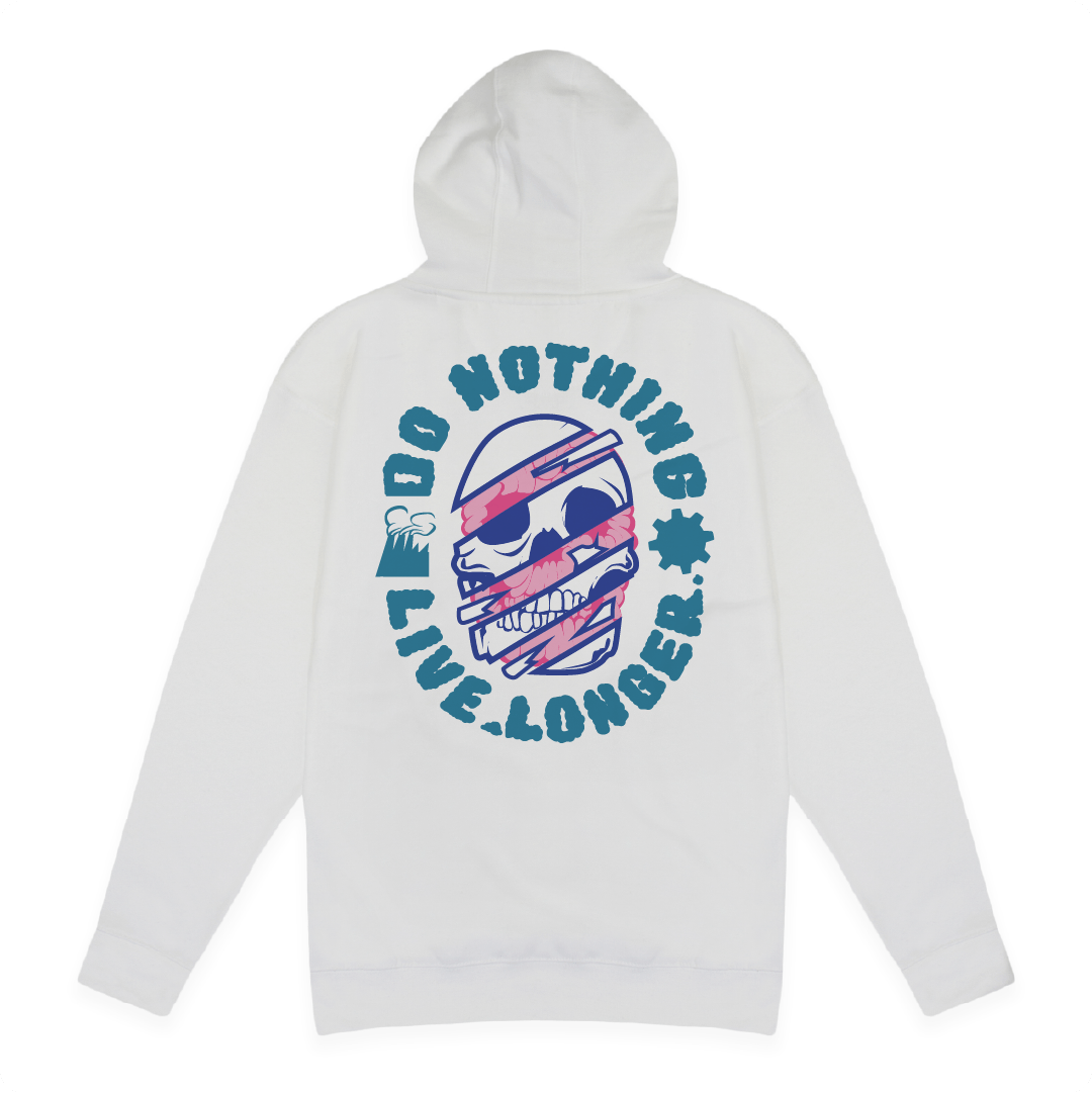 Rear view of a white hoodie with Do Nothing Live Longer text and skull graphic on a white background