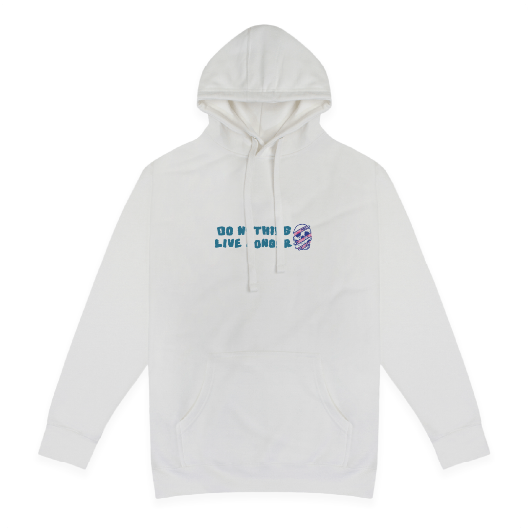 Front view of a white hoodie with Do Nothing Live Longer text and skull graphic on a white background