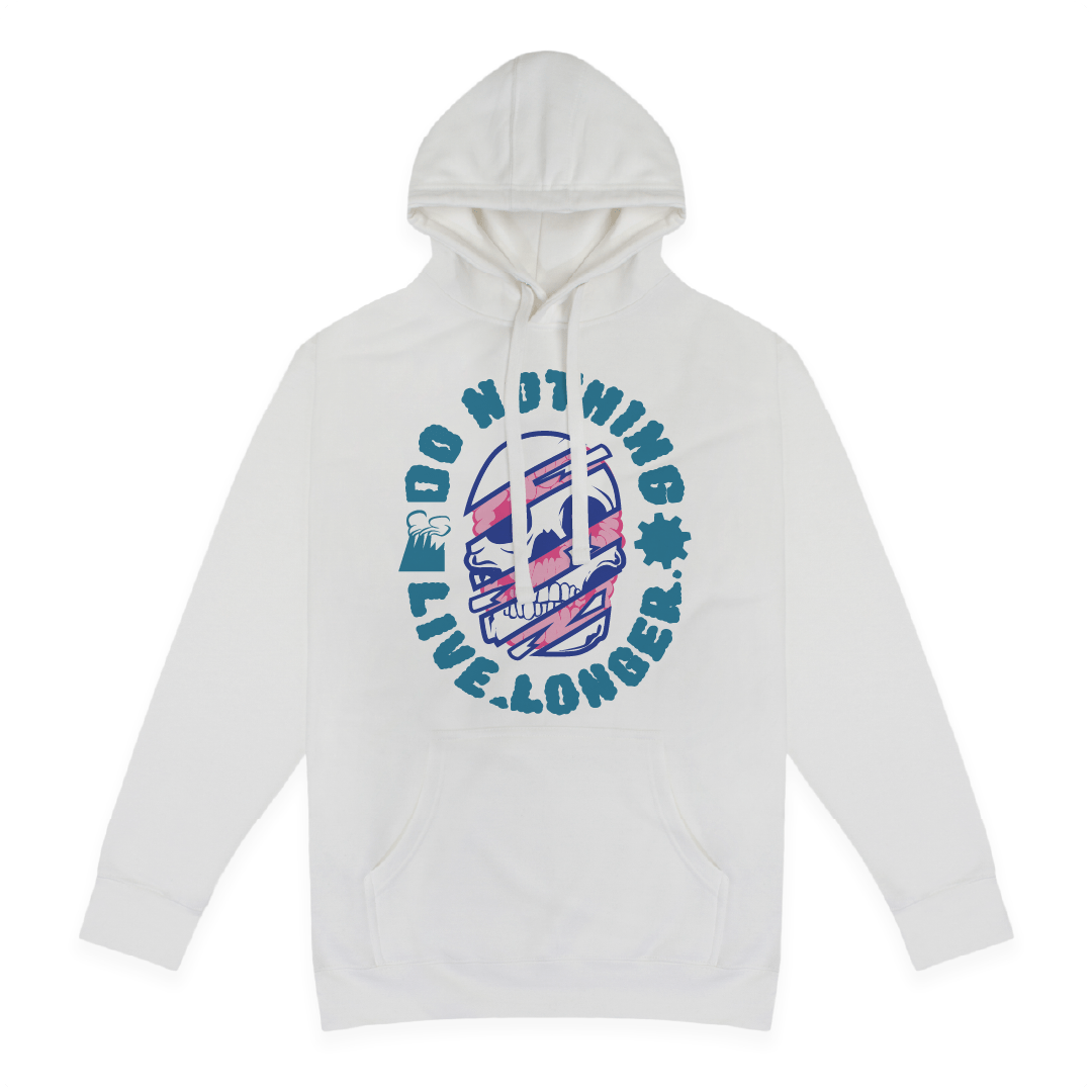 Front view of a white hoodie with Do Nothing Live Longer text and skull graphic on a white background