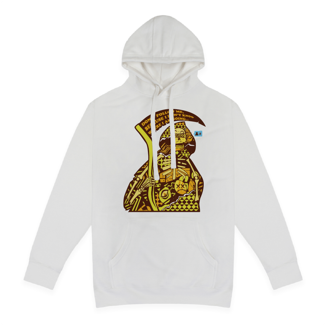 Front view of a white hoodie with a yellow Dont Follow Grim Reaper and sickle on a white background