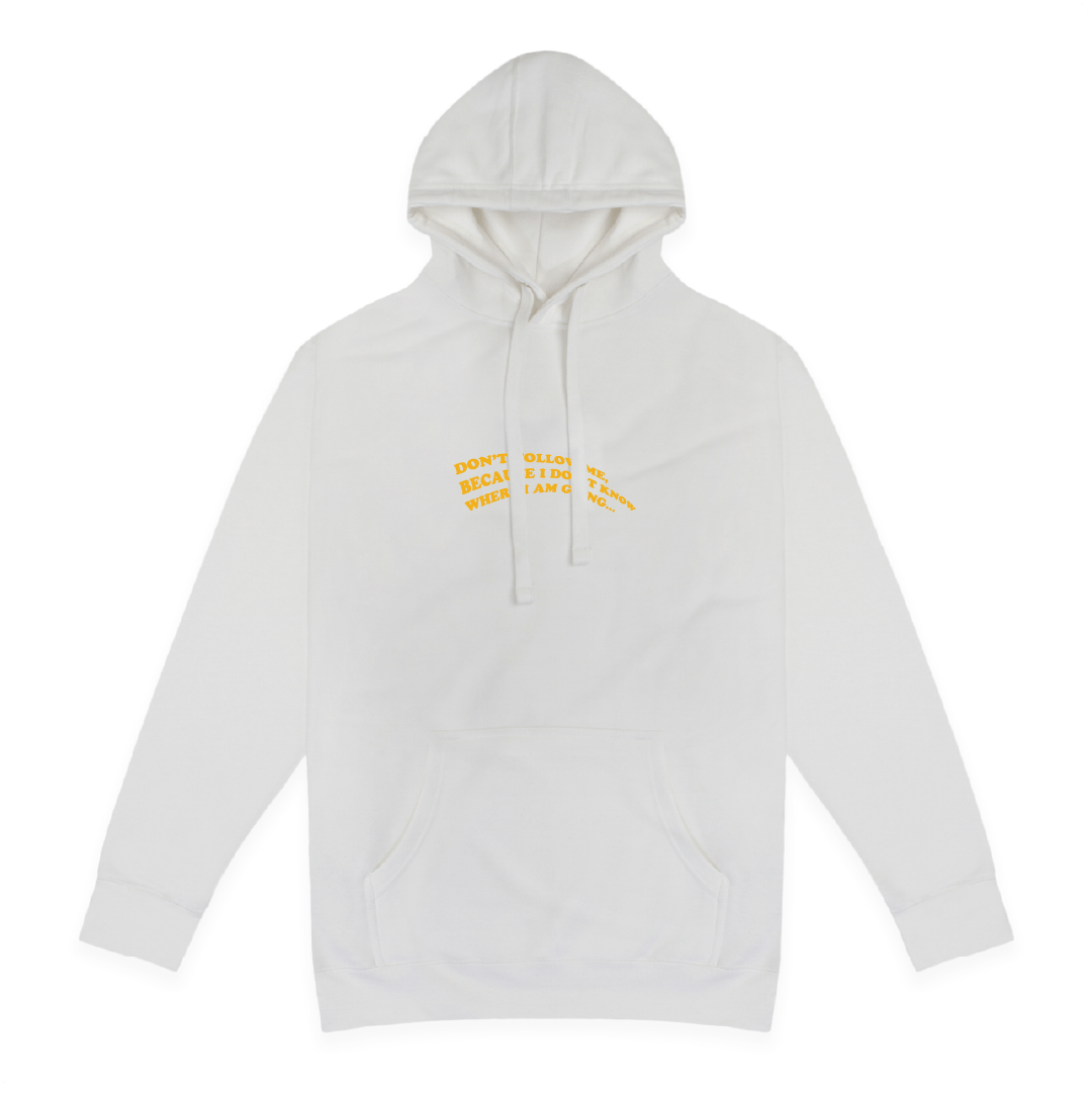 Front view of a white hoodie with yellow Dont Follow me text on a white background