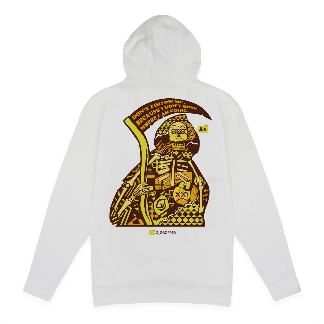 Rear view of a white hoodie with a yellow Dont Follow Grim Reaper and sicle on a white background