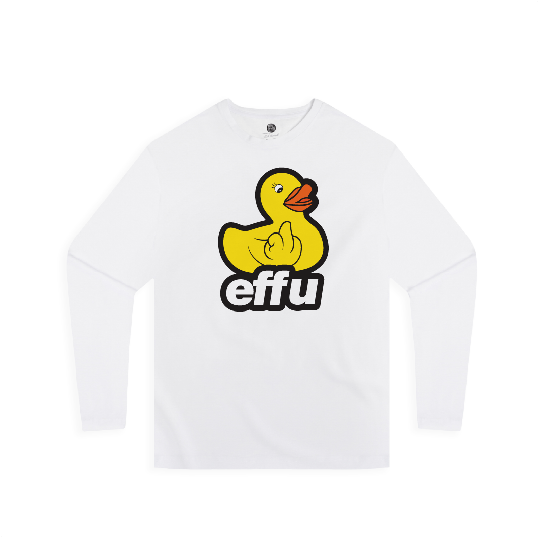 White unisex long sleeve t-shirt with a large yellow rubber duck graphic and 'effu' text on a white background
