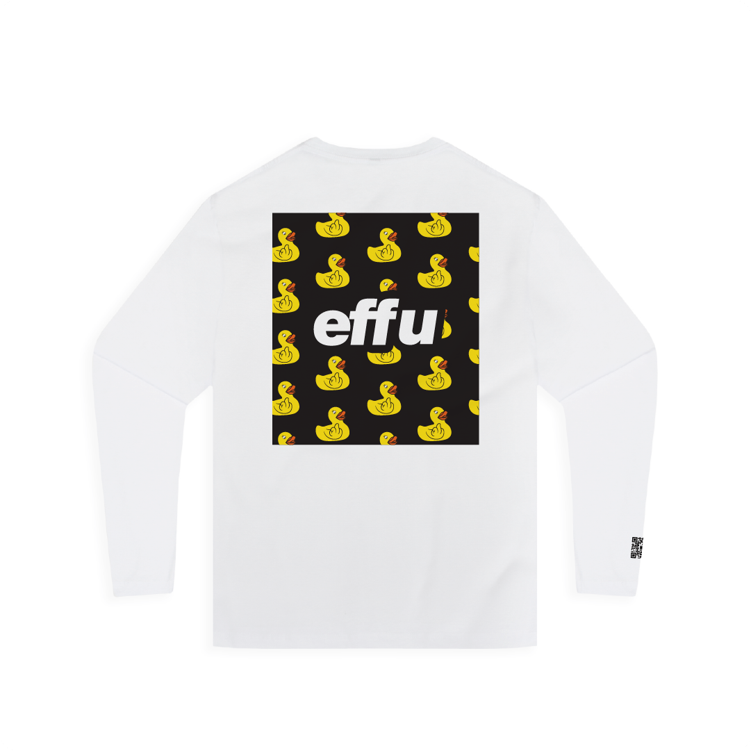 White long-sleeve shirt with 'effu' text and rubber duck pattern on a black background