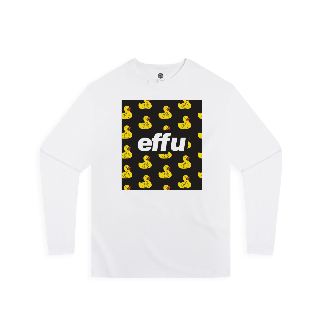 White long-sleeve shirt with black graphic featuring yellow rubber ducks and 'effu' text on a white background.