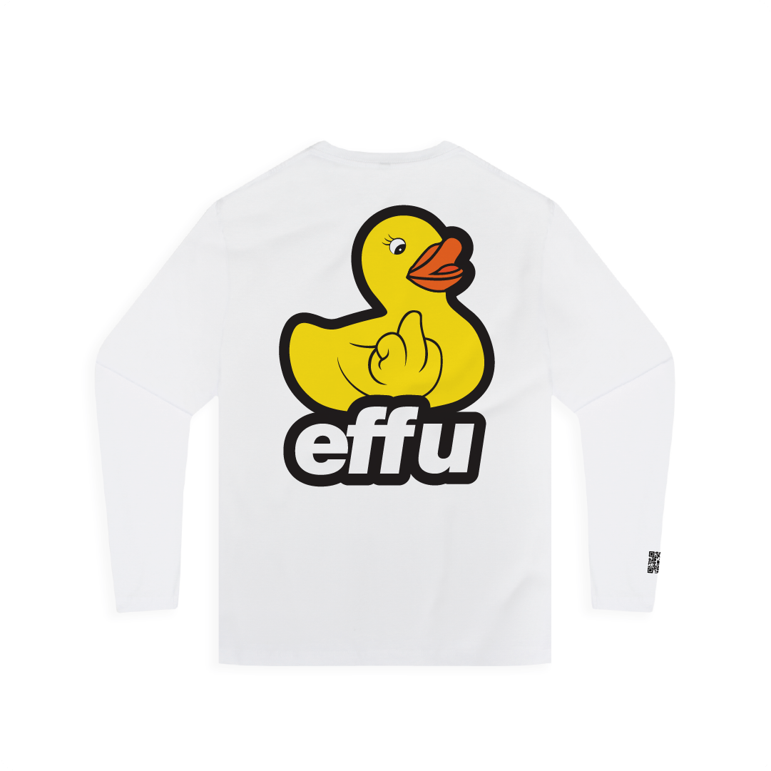 White long-sleeve shirt with a large yellow rubber duck and 'effu' text on a white background