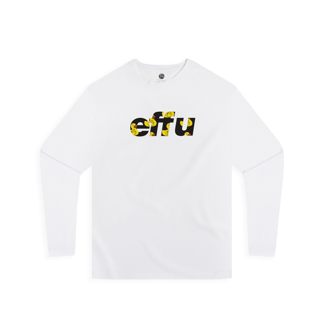 White long-sleeve shirt with black 'effu' logo on a white background