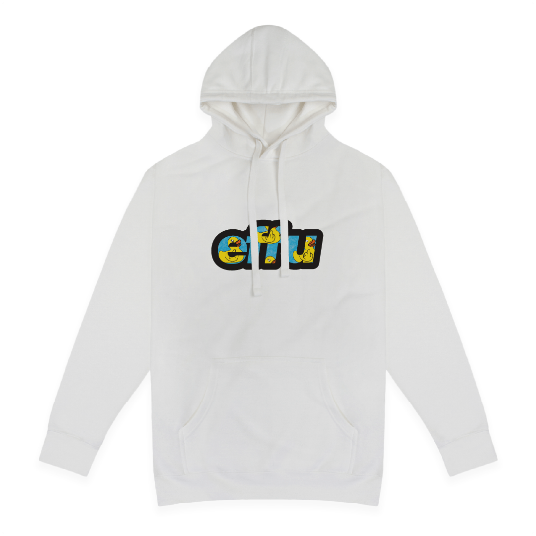 White hoodie with black and cyan 'effu' text on a white background
