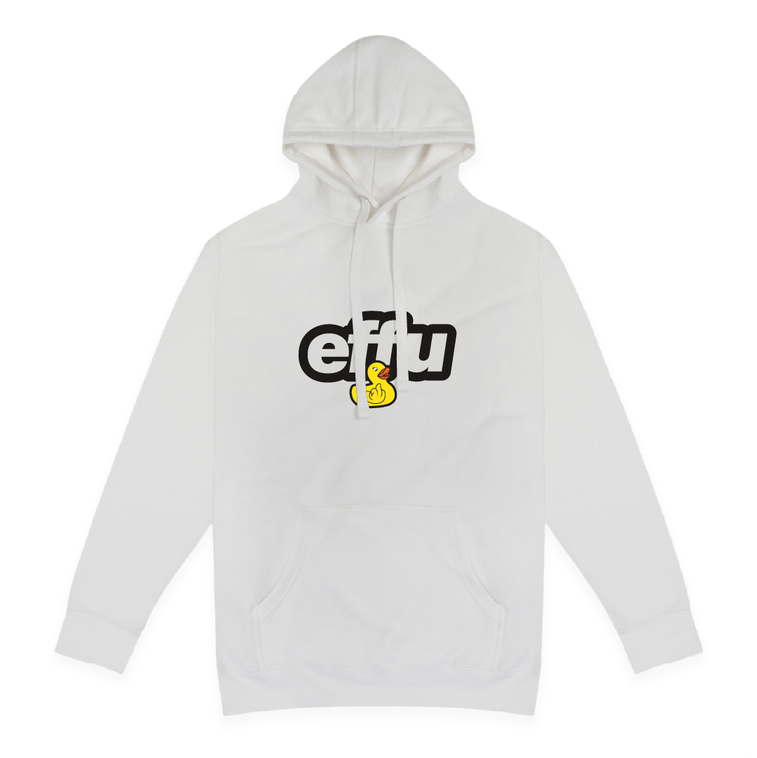 White hoodie with black 'effu' text and a yellow duck graphic on a white background