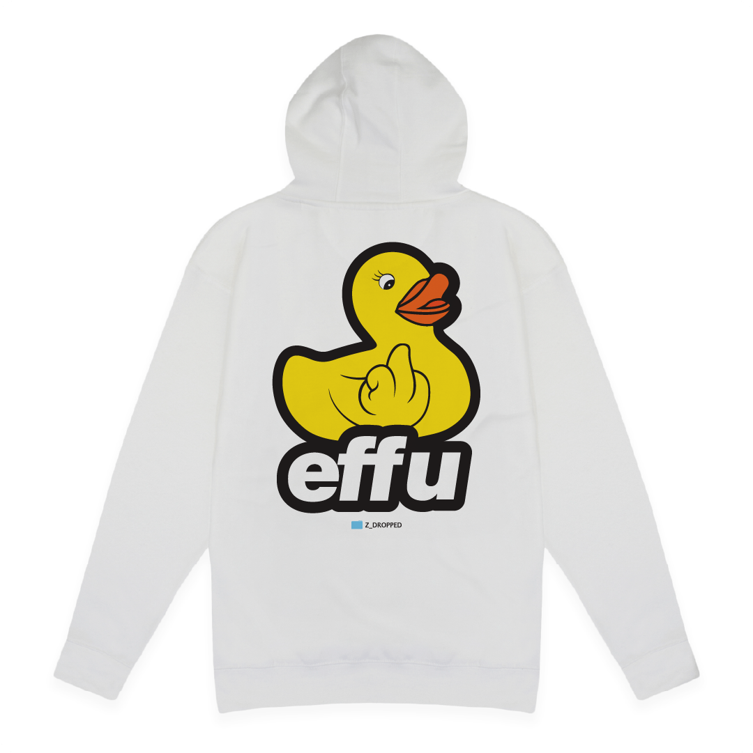 White hoodie with a yellow rubber duck and 'effu' text on a white background