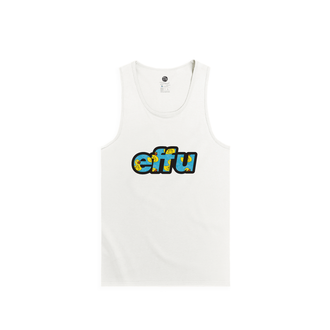 White tank top with cyan 'effu' text on a white background