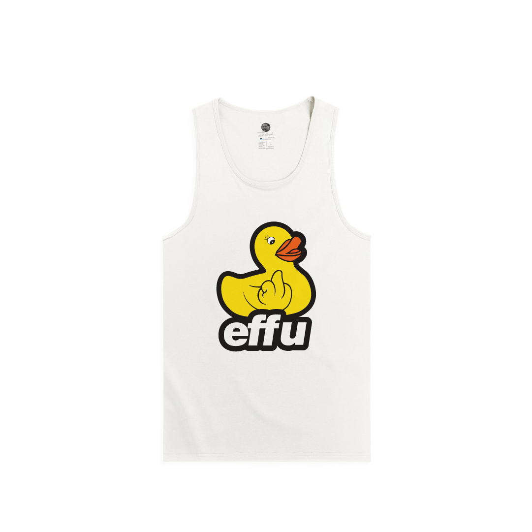 White tank top with a large yellow rubber duck graphic and 'effu' text on a white background