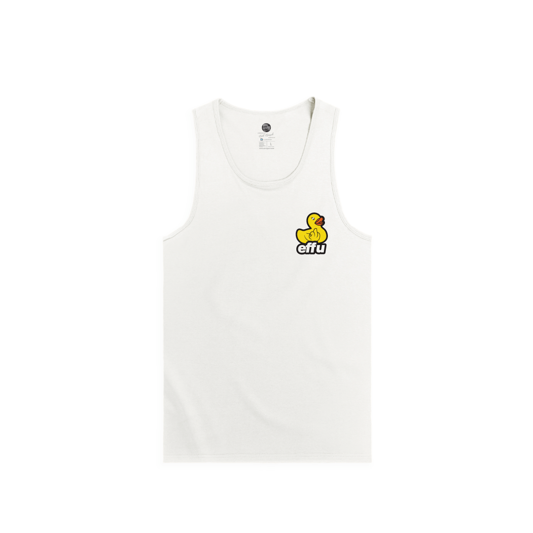 White tank top with a small yellow duck logo on a white background