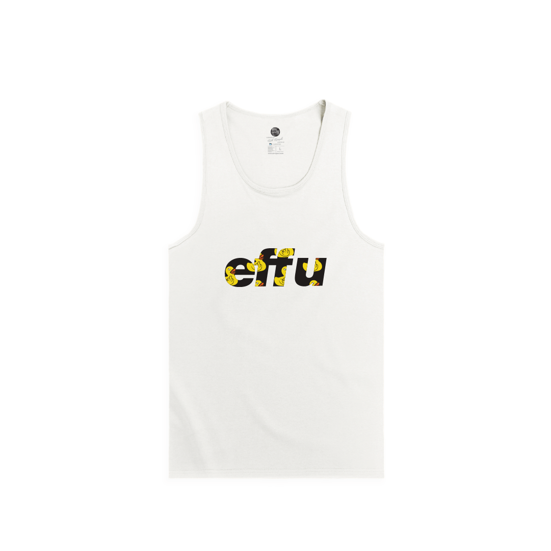 White tank top with black 'effu' text on a white background