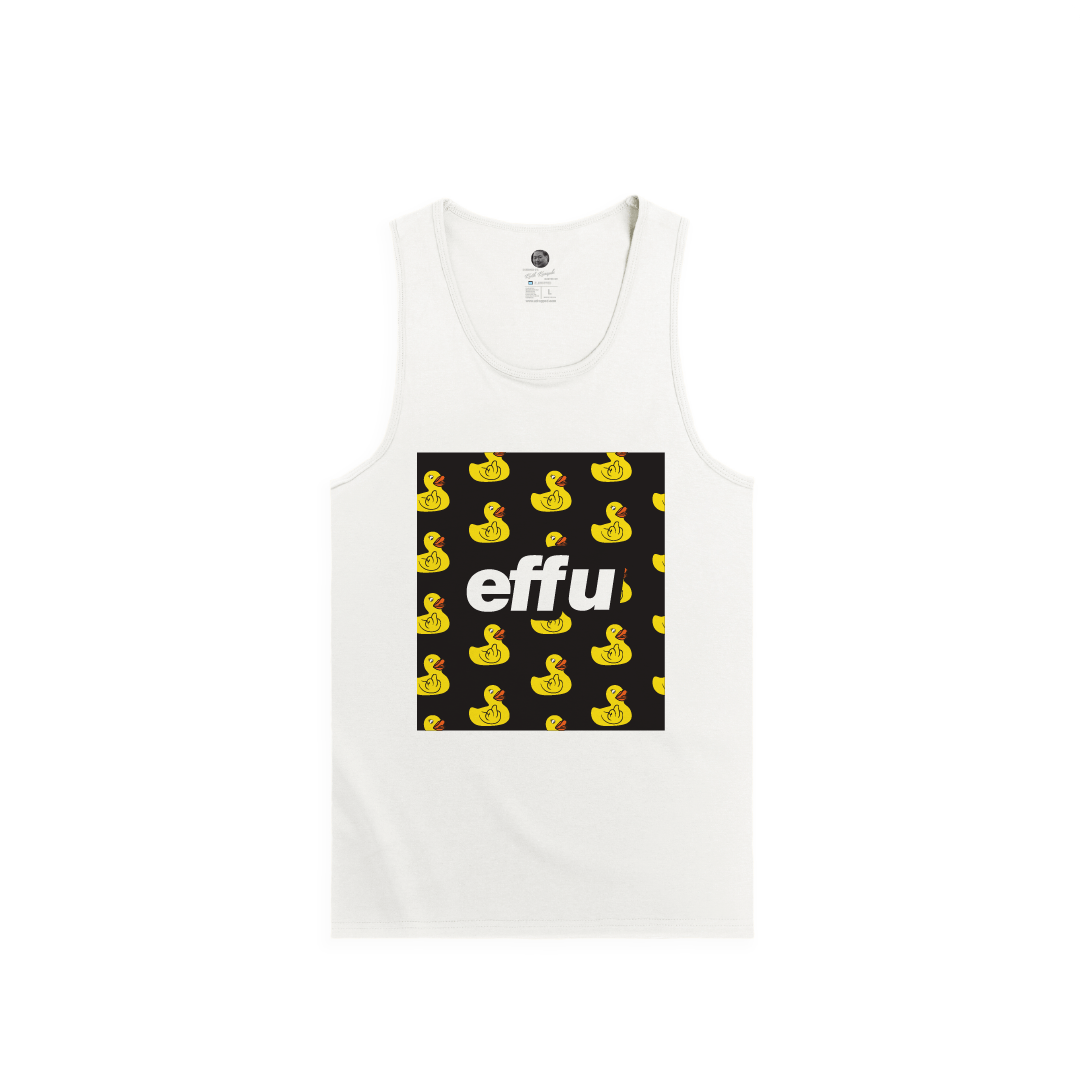White tank top with a black square design featuring yellow rubber ducks and the word 'effu'.